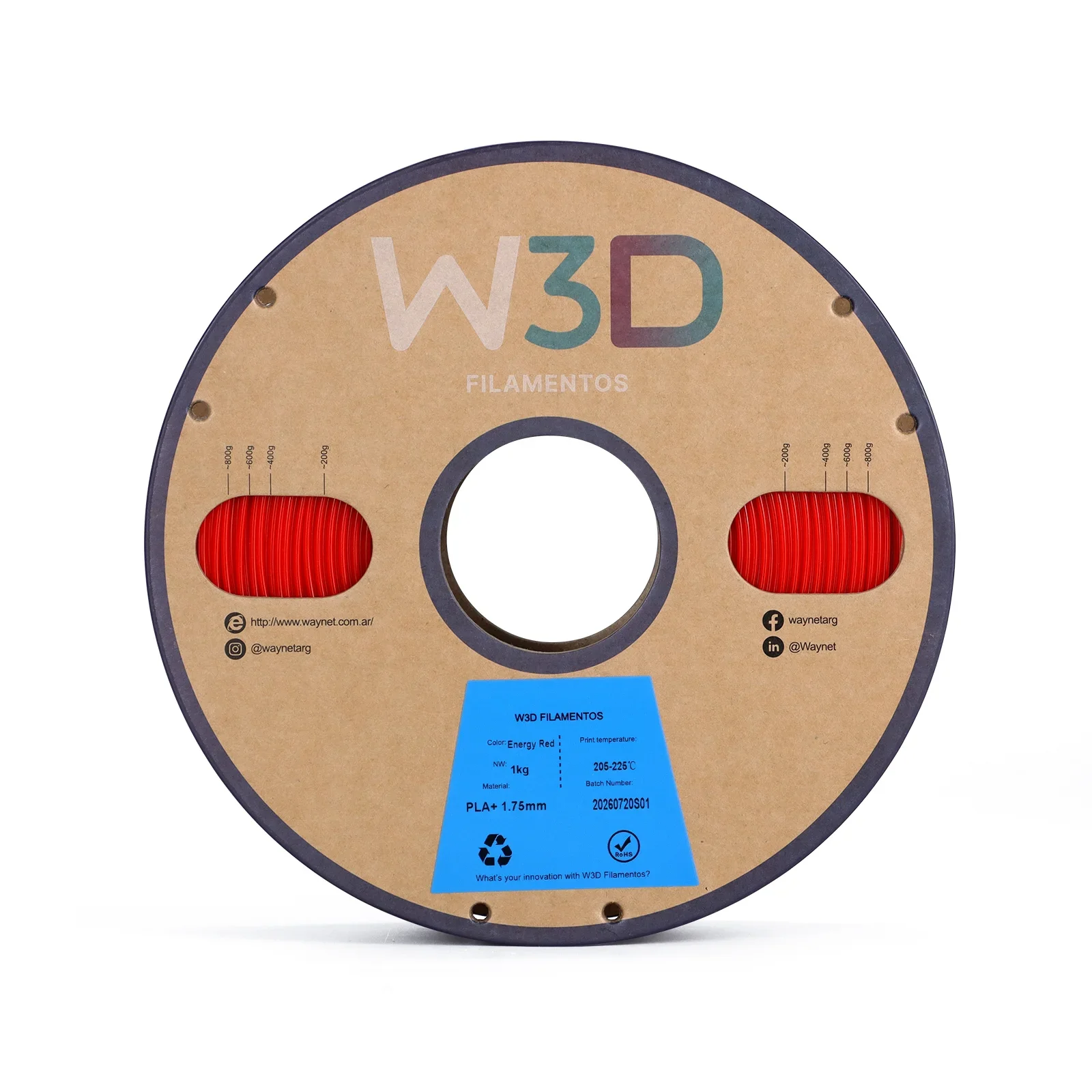 ROJO ENERGICO (Energy Red) PLA W3D FILAMENTO 3D 1.75MM 1KG 101004