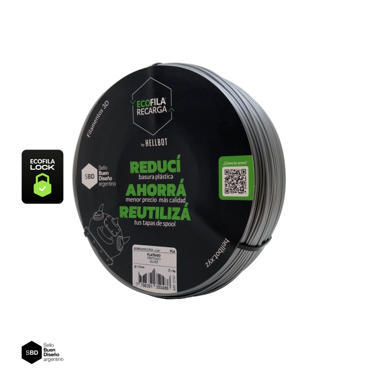 Plateado SIN CARRETEL Filamento Hellbot ECOFILA PLA 1,75mm 1kg ECOFILA 3672