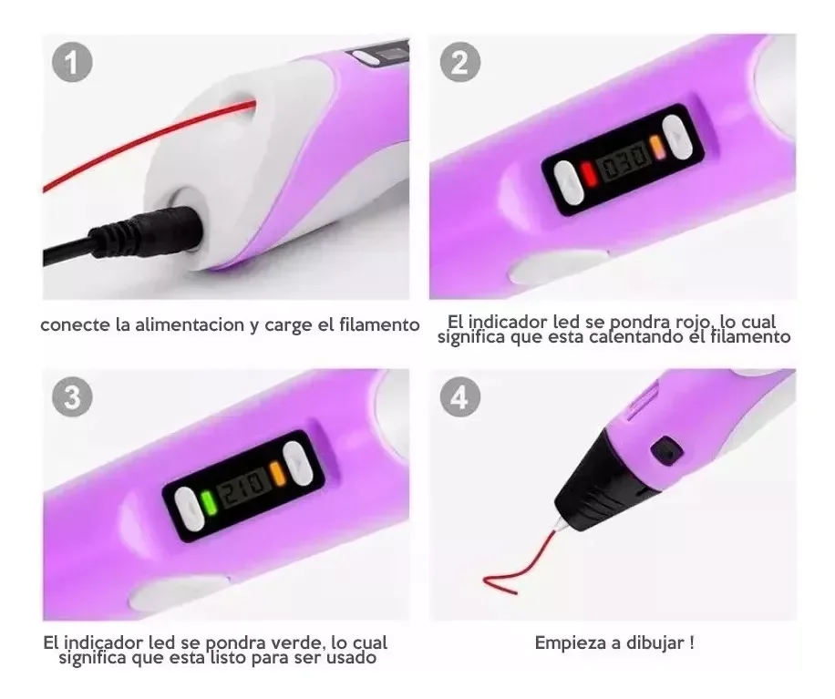 Lápiz 3d LCD color rosa + Base + Cable USB + Filamentos PLA (SIN GARANTIA)